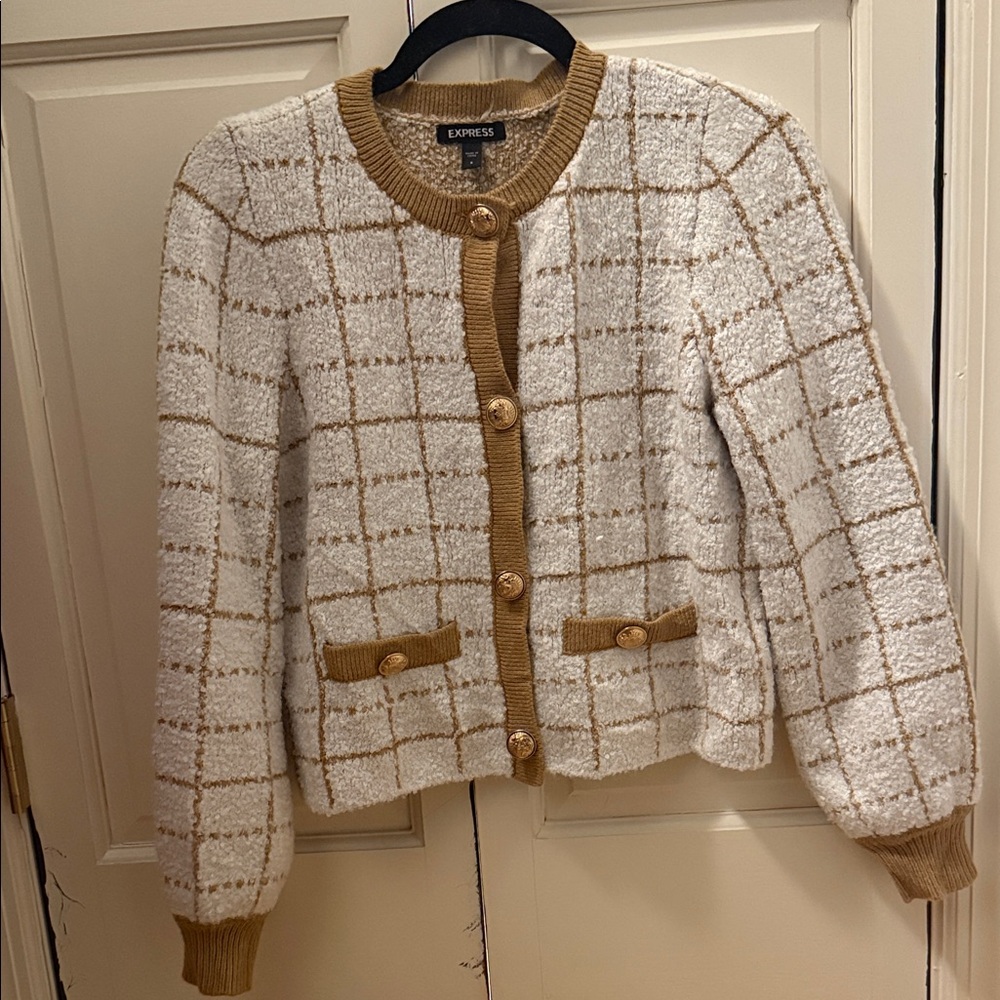 Express Women's Cream and Brown Plaid Blazer
